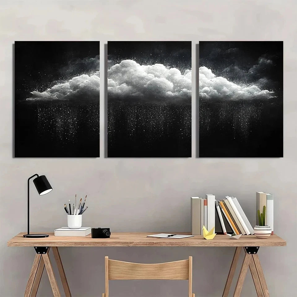 3pcs Modern Black and White Cloud Serene Rainy Metal Print Ready to Hang Art