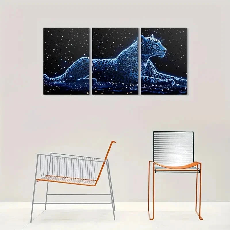 3pcs Blue Glowing Leopard Abstract Animal Metal Print Ready to Hang Art