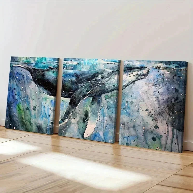 3pcs Sea Life Mammals Whales Splash Ink Wall Art Set Canvas Framed 40x60cm - High Quality Print 100% Australian Made Wall Canvas Ready to Hang