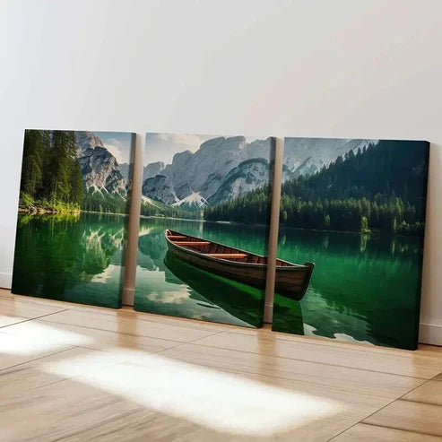 3pcs Green Tranquil Lake Scene with Boat Wall Art Canvas Unframed - High Quality Print 100% Australian Made Wall Canvas