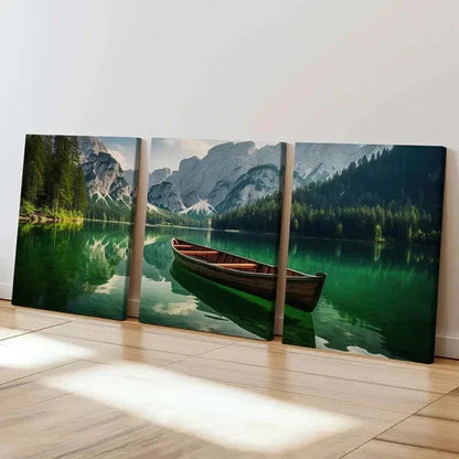 3pcs Green Tranquil Lake Scene with Boat Wall Art Canvas Unframed - High Quality Print 100% Australian Made Wall Canvas