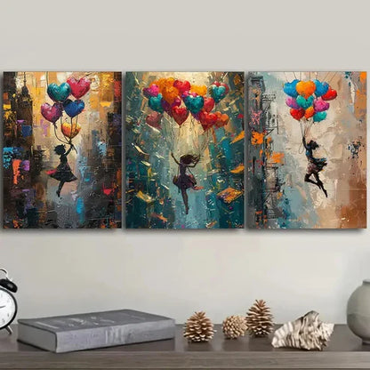 3pcs girl is flying on colorful balloons Wall Art Set Canvas Unframed - High Quality Print 100% Australian Made Wall Canvas - Bella Home Decor