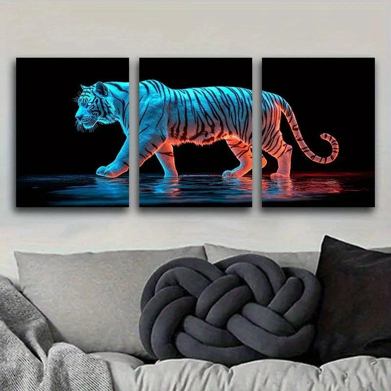 3pcs Stunning White Tiger Vibrant Blue Red Accent Metal Print Ready to Hang Art