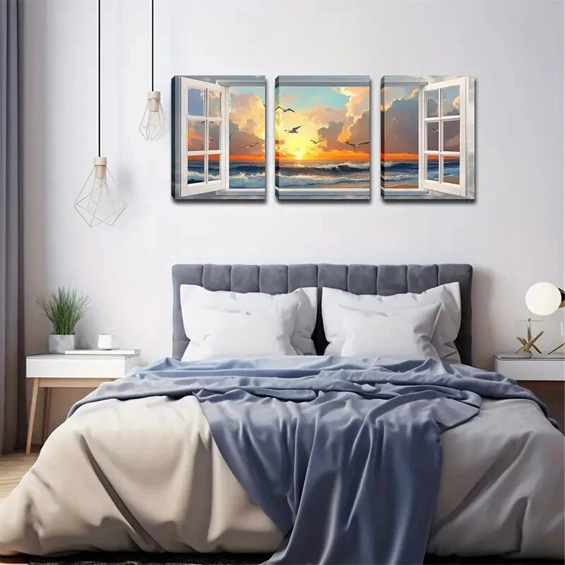 3pcs Serene Ocean & Sky Scene With Warm Perfect Wall Art Set Canvas Framed 40x60cm - High Quality Print 100% Australian Made Wall Canvas Ready to Hang