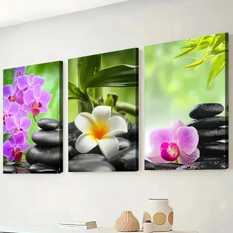 3pcs Modern Natural Flower Luck Stone Perfect Wall Art Set Canvas Framed 50x70cm - High Quality Print 100% Australian Made Wall Canvas Ready to Hang
