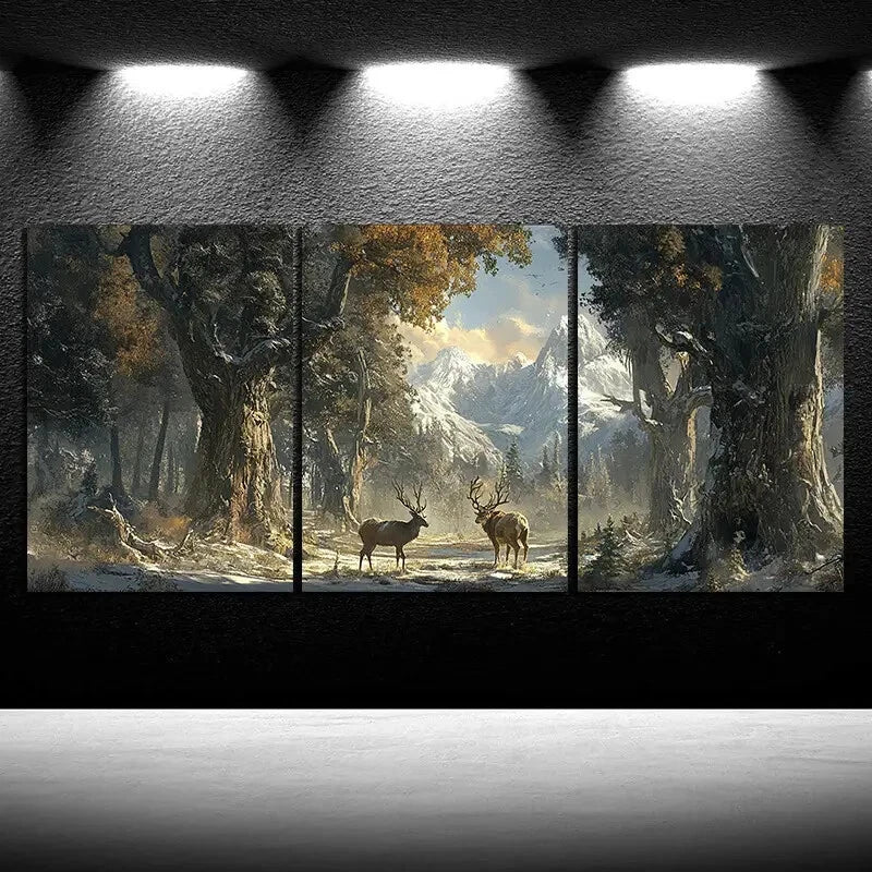 3pcs Foxes And Deer in The Winter Forest Metal Print Ready to Hang Art
