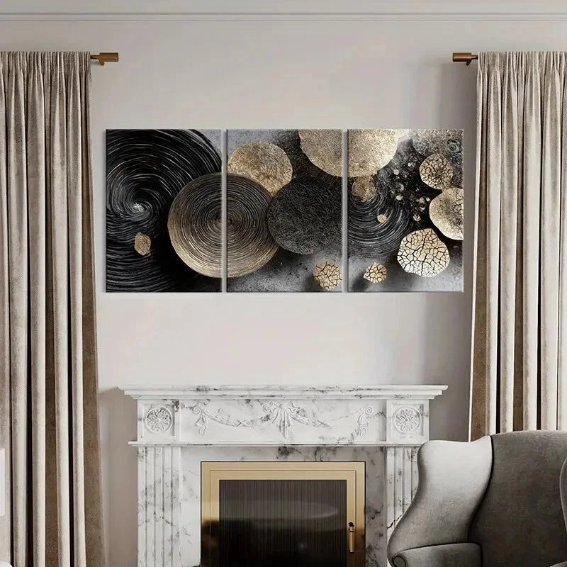 3pcs Golden Black & White Geometric Design Metal Print Ready to Hang Art