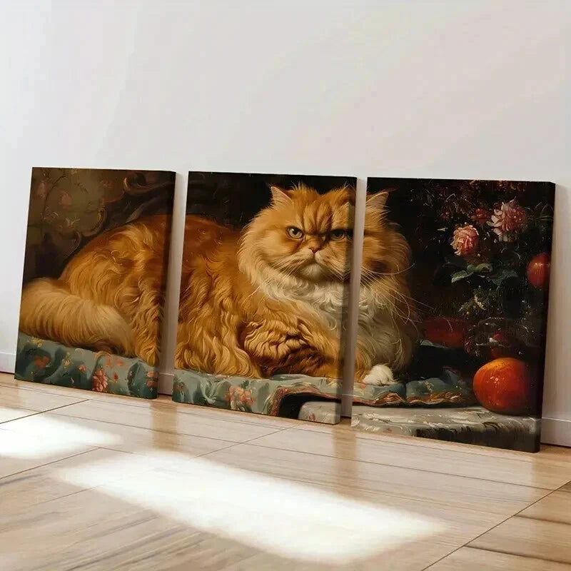3pcs Luxurious Orange Persian Cat Artwork Wall Art Set Canvas Framed 40x60cm - High Quality Print 100% Australian Made Wall Canvas Ready to Hang