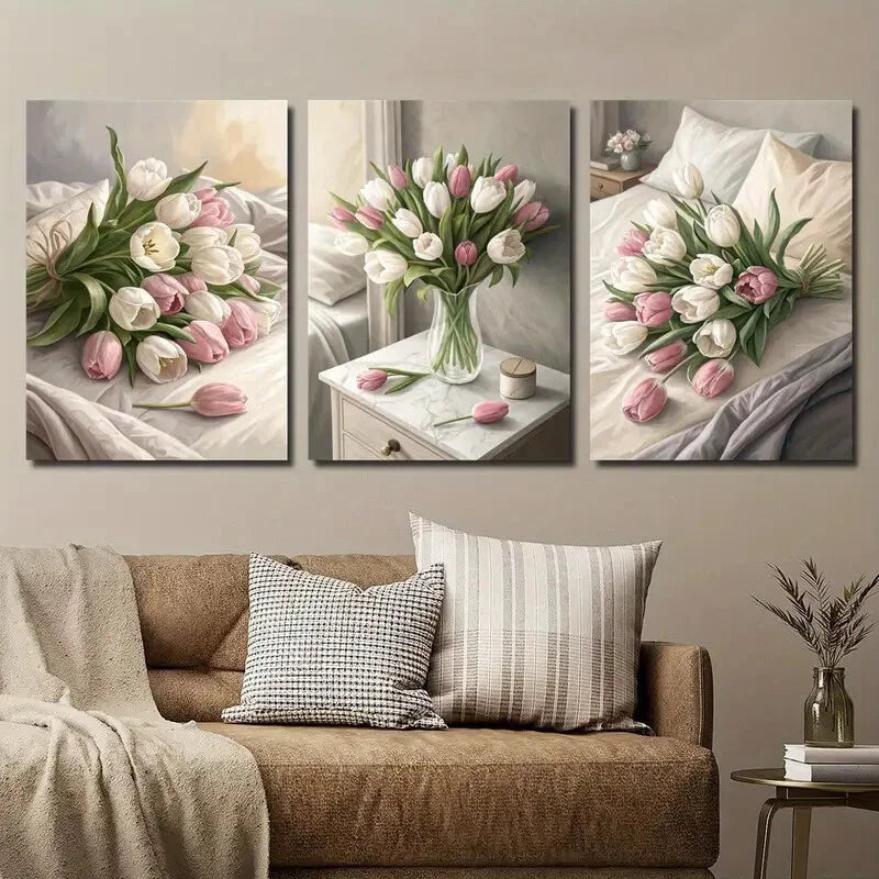 3pcs Tulip Flower Bouquet Botanical Flower Wall Art Set Canvas Framed 40x60cm - High Quality Print 100% Australian Made Wall Canvas Ready to Hang