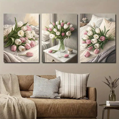 3pcs Tulip Flower Bouquet Botanical Flower Wall Art Set Canvas Framed 40x60cm - High Quality Print 100% Australian Made Wall Canvas Ready to Hang