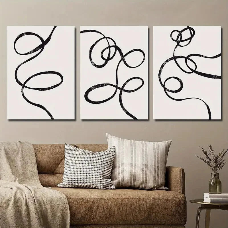 3pcs Minimalist Black & Beige Abstract Design Wall Art Set Canvas Framed 40x60cm - High Quality Print 100% Australian Made Wall Canvas Ready to Hang