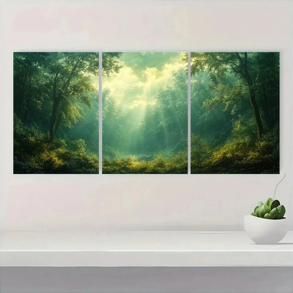 3pcs Emerald Green Forest Sunlit Trees & Misty Metal Print Ready to Hang Art