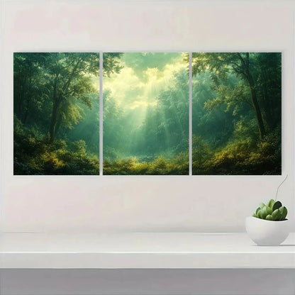 3pcs Emerald Green Forest Sunlit Trees & Misty Metal Print Ready to Hang Art