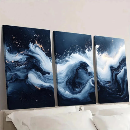 3pcs Swirling Liquid Shapes Blue & White Wall Art Set Canvas Framed 50x70cm - High Quality Print 100% Australian Made Wall Canvas Ready to Hang