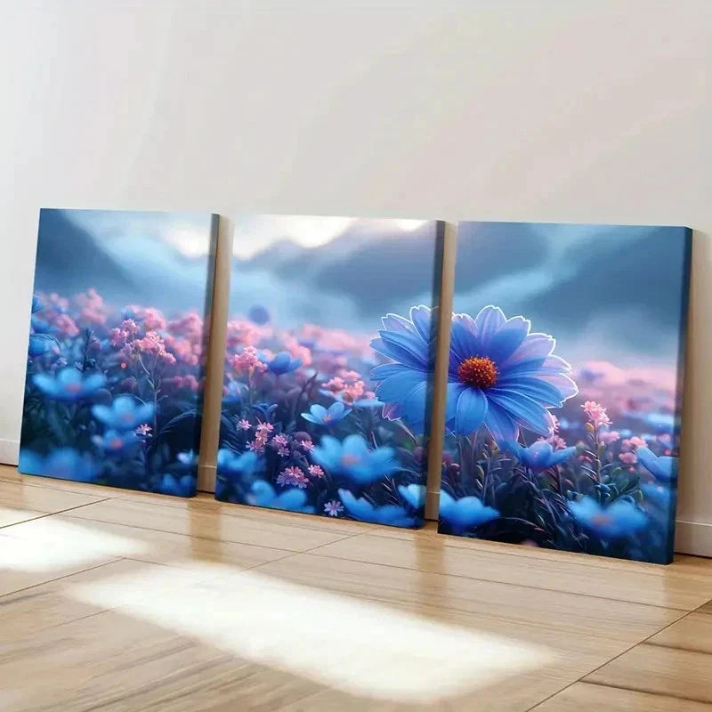 3pcs Blue Pink & Purple Wildflower Field Wall Art Set Canvas Framed 40x60cm - High Quality Print 100% Australian Made Wall Canvas Ready to Hang