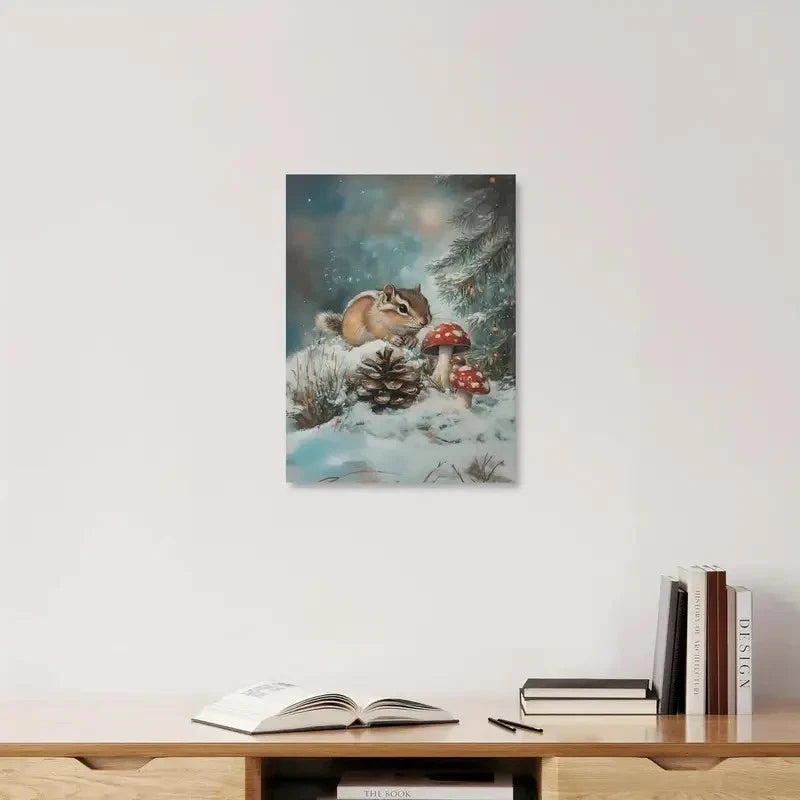 Framed artwork of a chipmunk near mushrooms on a snowy background, displayed on a shelf with books.