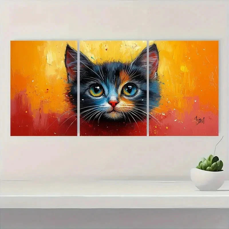 3pcs Gorgeous Abstract Blue and Orange Kitten Metal Print Ready to Hang Art