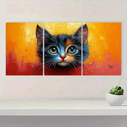 3pcs Gorgeous Abstract Blue and Orange Kitten Metal Print Ready to Hang Art