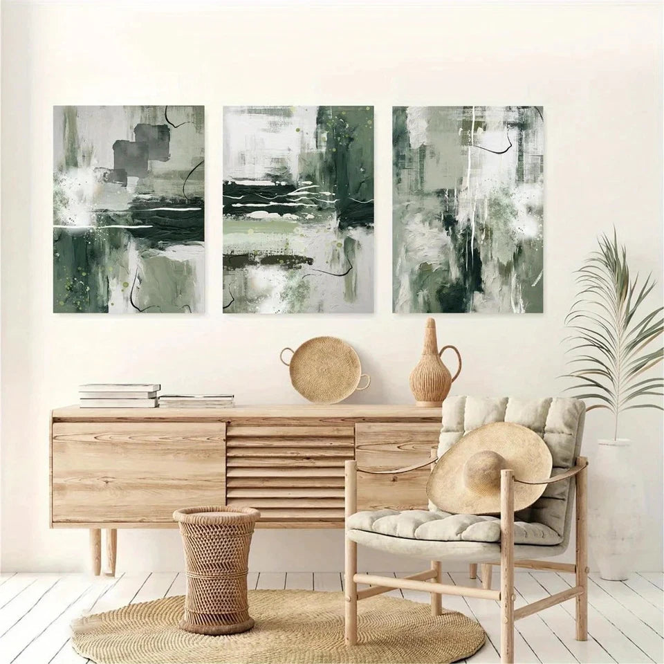 3pcs Abstract Olive And Sage Green Metal Print Ready to Hang Art