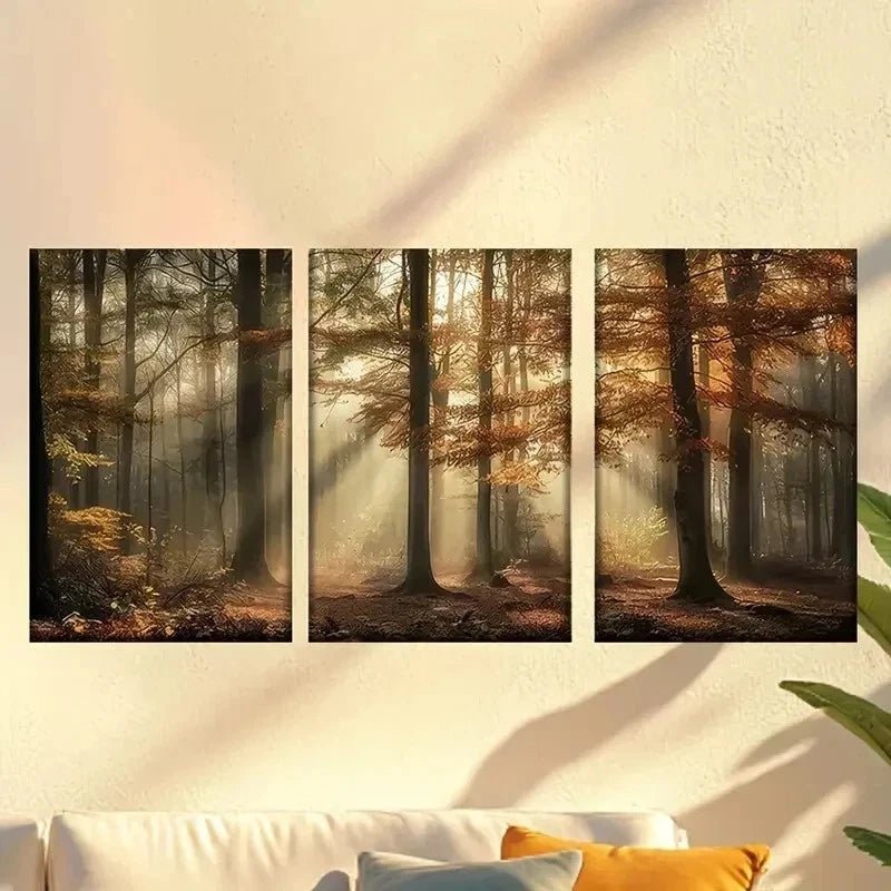 3pcs Quiet Foggy Forest in Autumn Wall Art Set Canvas Framed 40x60cm - High Quality Print 100% Australian Made Wall Canvas Ready to Hang