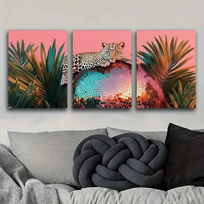 3pcs Leopard on Disco Ball Style Metal Print Ready to Hang Art