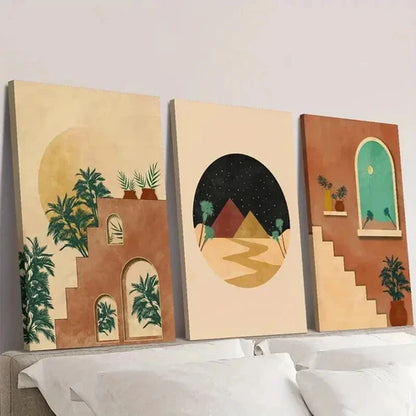 3pcs Moroccan Burnt Orange Oasis in the Desert Wall Art Set Canvas Unframed - High Quality Print 100% Australian Made Wall Canvas