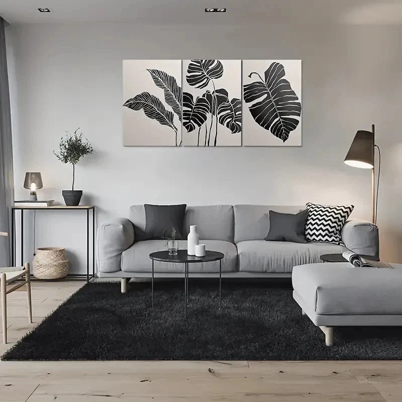 3pcs Abstract Leaf Black and White Minimalist Metal Print Ready to Hang Art