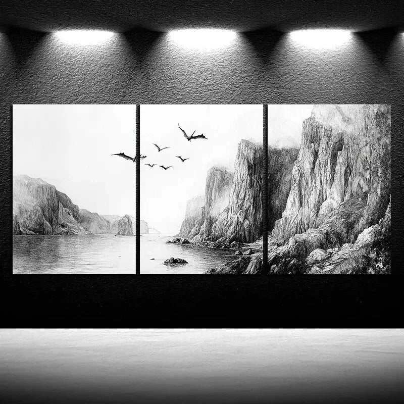 3pcs Dragons Flying on the Coast Metal Print Ready to Hang Art