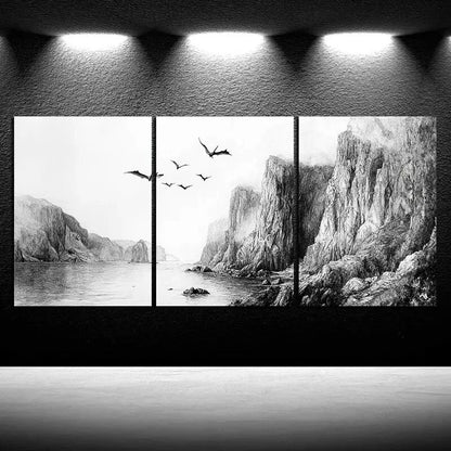 3pcs Dragons Flying on the Coast Metal Print Ready to Hang Art