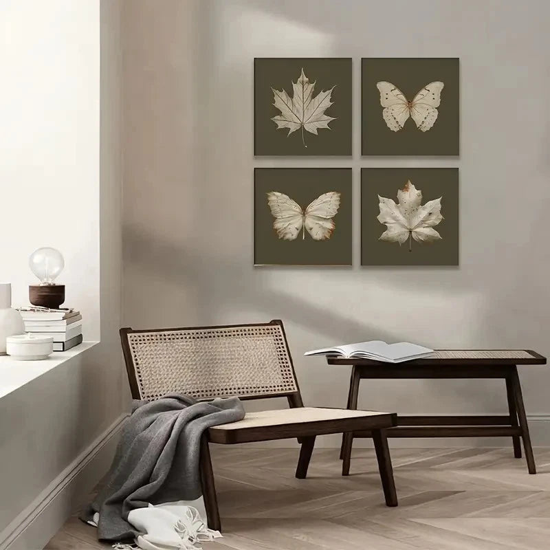 4pcs  Maple Leaf & Butterfly Print Set Wall Art Canvas Framed