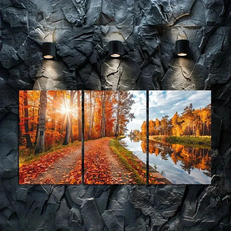 3pcs Autumn Sunlit Path & Serene River Metal Print Ready to Hang Art