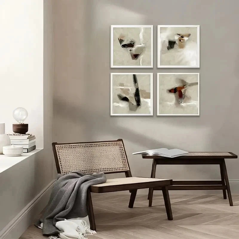 4pcs  Boho Contemporary Art, Neutral Tones Wall Art Canvas Framed