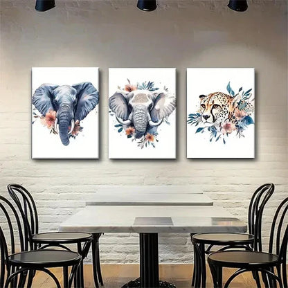 3pcs Elephants and Cheetah with Floral Perfect Wall Art Set Canvas Unframed - High Quality Print 100% Australian Made Wall Canvas