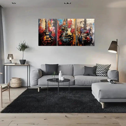3pcs Vibrant Abstract Guitar Colorful Electric Metal Print Ready to Hang Art