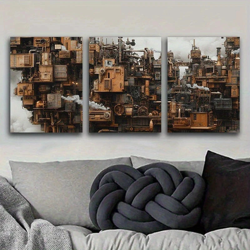 3pcs Featuring Steampunk City Brown Themed Metal Print Ready to Hang Art