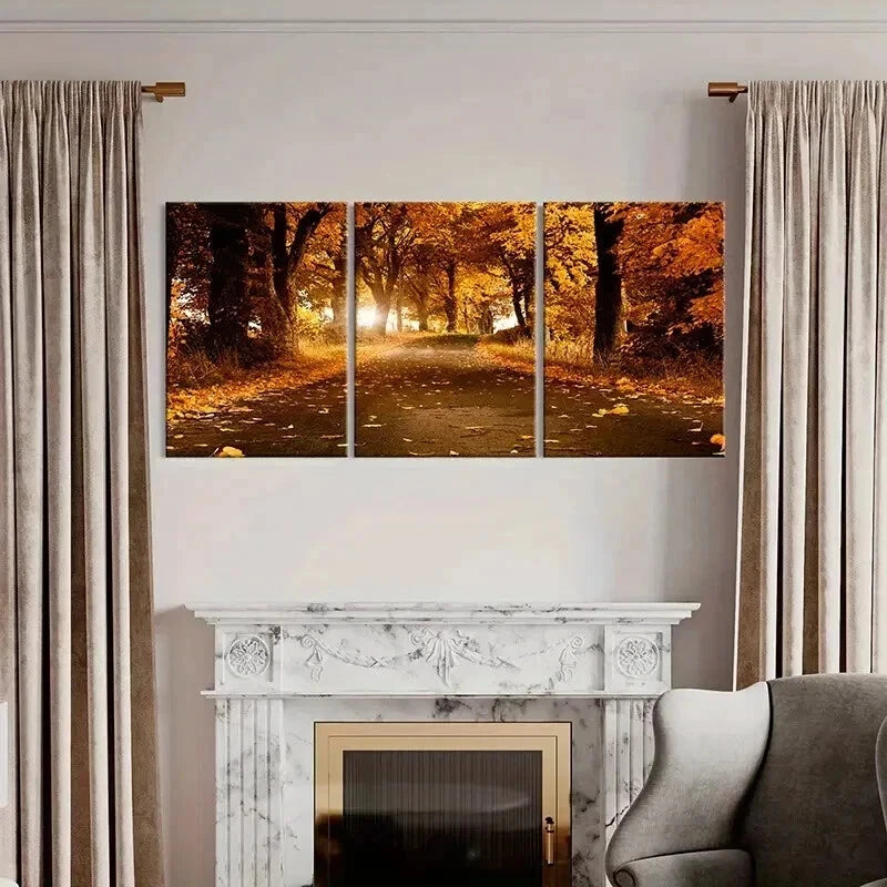 3pcs Path Strewn with Fallen Leaves Wall Art Set Canvas Framed 40x60cm - High Quality Print 100% Australian Made Wall Canvas Ready to Hang