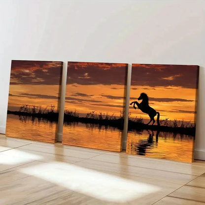 3pcs Animal Art Painting Horse At Sunset Wall Art Set Canvas Framed 40x60cm - High Quality Print 100% Australian Made Wall Canvas Ready to Hang