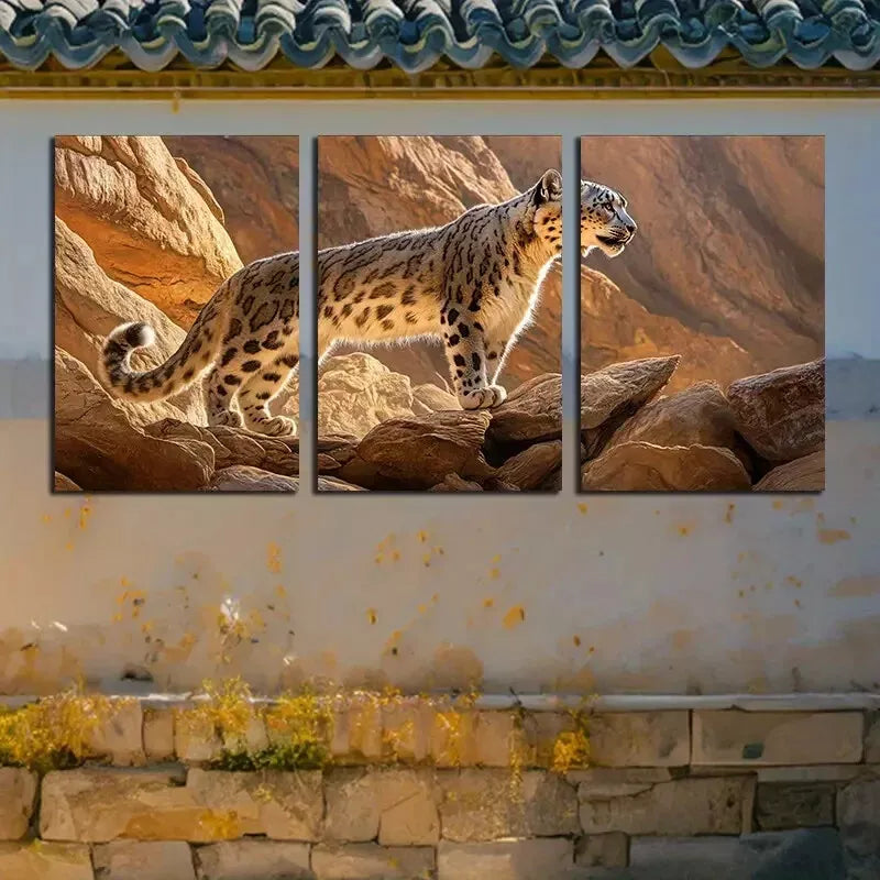 3pcs  Leopard on Rocky Cliff Wildlife  Modern Blue Nature   Wall Art Set Canvas Framed 50x70cm - High Quality Print 100% Australian Made Wall Canvas Ready to Hang - Bella Home Decor