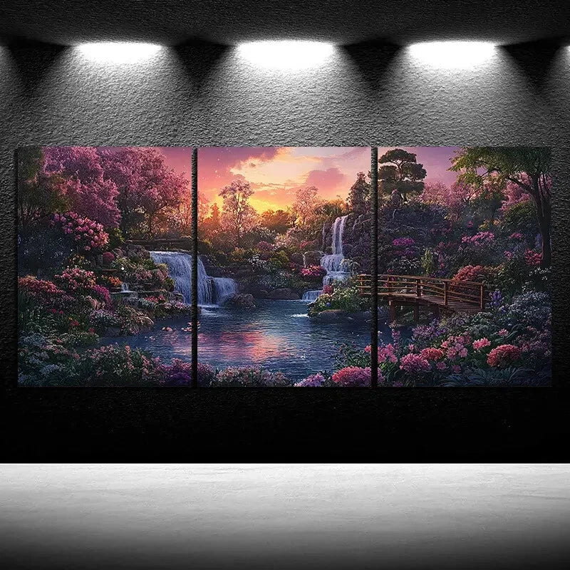 3pcs Waterfalls and Wooden Bridges Metal Print Ready to Hang Art