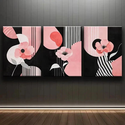 3pcs Pink Flowers & Black White Shapes Wall Art Set Canvas Framed 40x60cm - High Quality Print 100% Australian Made Wall Canvas Ready to Hang