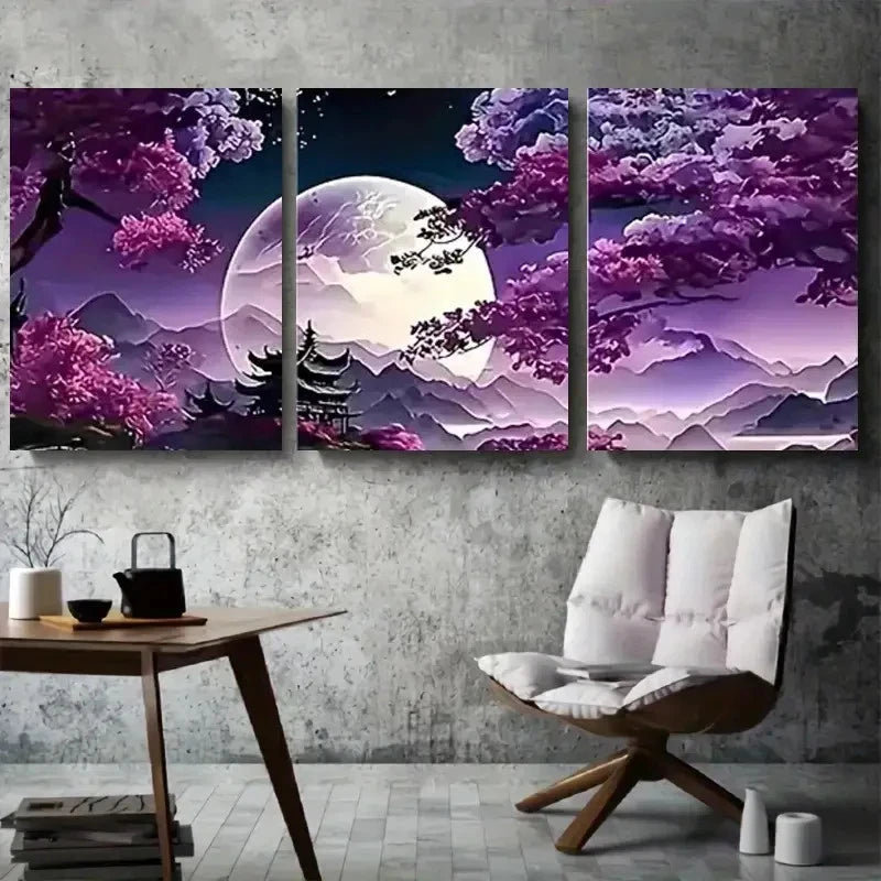 3pcs Purple Cherry Blossom Trees & Mountain Metal Print Ready to Hang Art