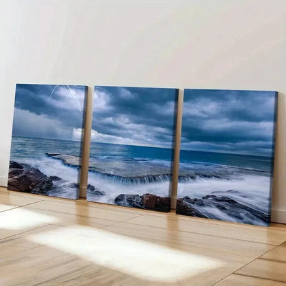 3pcs Seascape and Lightning Clouds Wall Art Set Canvas Framed 40x60cm - High Quality Print 100% Australian Made Wall Canvas Ready to Hang