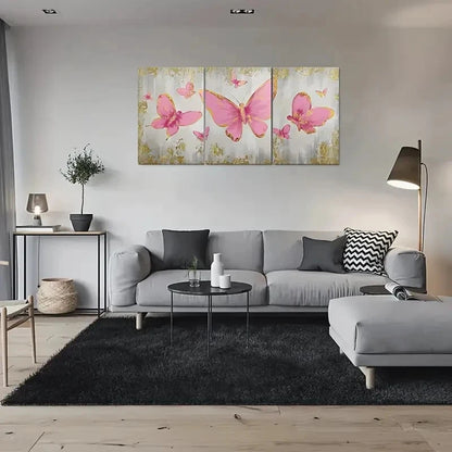 3pcs Pink Butterfly Golden Accents Metal Print Ready to Hang Art