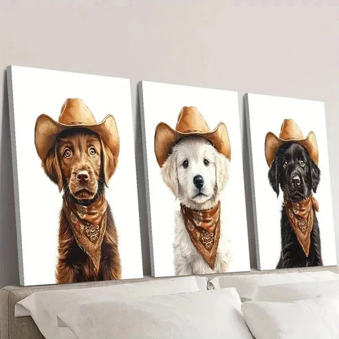 3pcs Dog Wearing a Cowboy Hat Decoration Wall Art Set Canvas Unframed - High Quality Print 100% Australian Made Wall Canvas