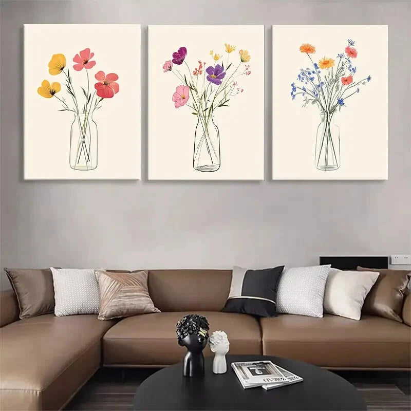 3pcs Floral Vase Colorful Flowers Perfect Wall Art Set Canvas Framed 40x60cm - High Quality Print 100% Australian Made Wall Canvas Ready to Hang