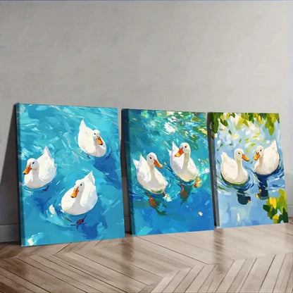3pcs White Ducks Swimming Wall Art Canvas Unframed - High Quality Print 100% Australian Made Wall Canvas