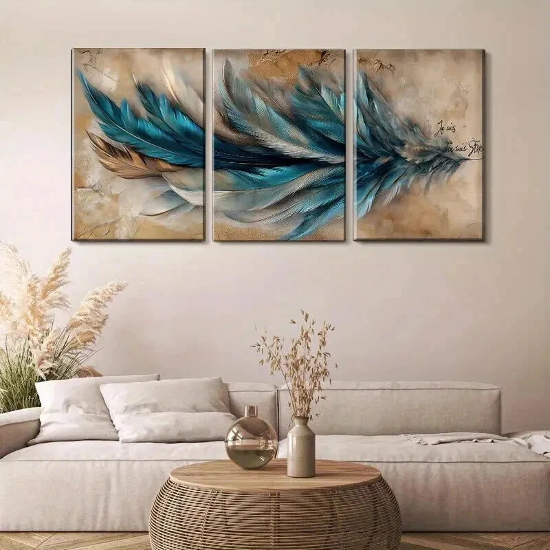 3pcs Blue & Golden Abstract Feather Modern Wall Art Set Canvas Framed 40x60cm - High Quality Print 100% Australian Made Wall Canvas Ready to Hang