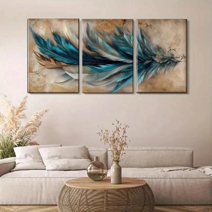 3pcs Blue & Golden Abstract Feather Modern Wall Art Set Canvas Framed 40x60cm - High Quality Print 100% Australian Made Wall Canvas Ready to Hang