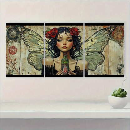 3pcs Green Fairy with Roses & Absinthe Metal Print Ready to Hang Art