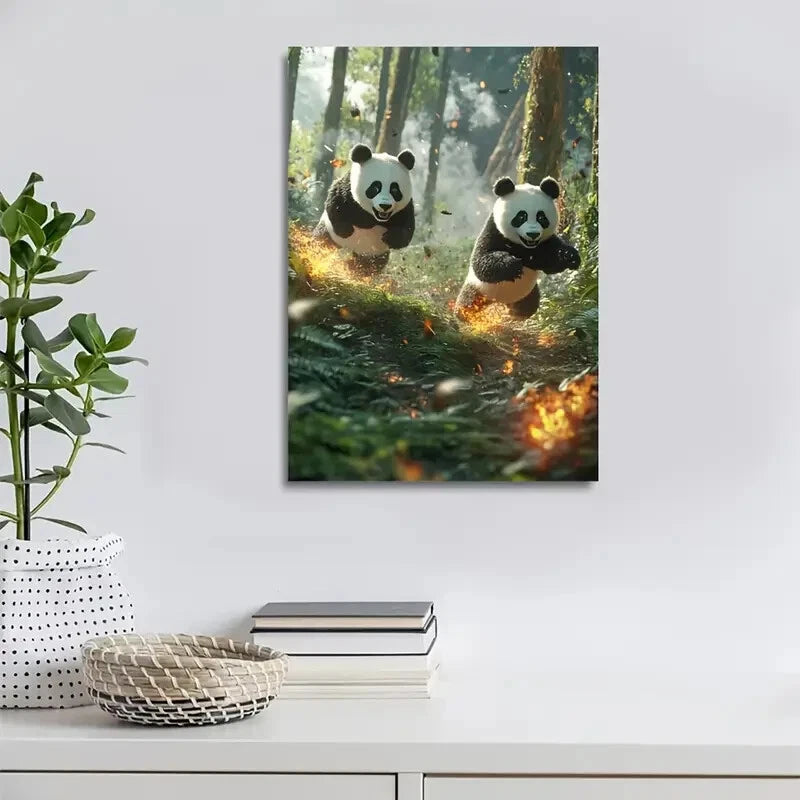 Whimsical Panda Scene in Lush Green Painting 40x60cm Metal Print Ready to Hang